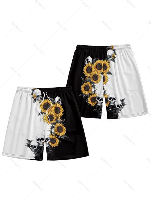 Short de plage à cordon de serrage pour homme, motif tête de mort contrastée et tournesol - Noir M