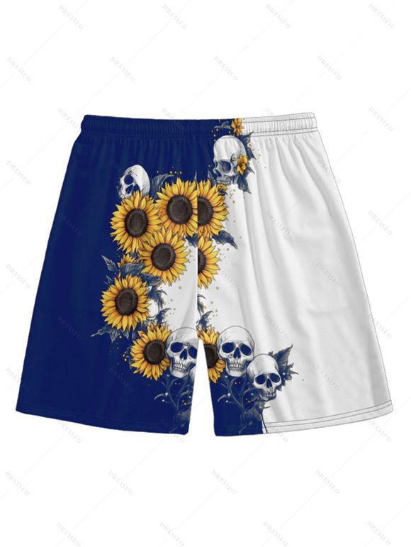 Short de plage à cordon de serrage pour homme, motif tête de mort contrastée et tournesol - Bleu profond 2XL