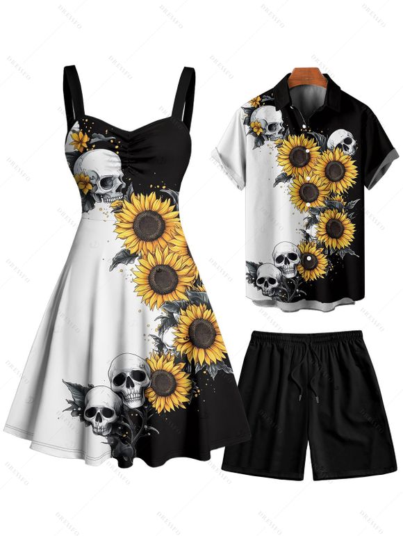 Contrast Color Sunflower Skulls Pattern Ruched Bust Belt Gothic Dress and Men's Button Up Roll Up Shirt Drawstrings Shorts Outfit - Noir S | US 4