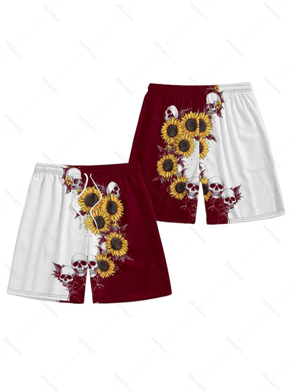Short de plage à cordon de serrage pour homme, motif tête de mort contrastée et tournesol - Rouge foncé 3XL