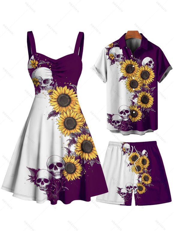 Contrast Color Sunflower Skulls Pattern Ruched Bust Belt Gothic Dress and Men's Button Up Roll Up Shirt Drawstrings Shorts Outfit - CONCORD S | US 4