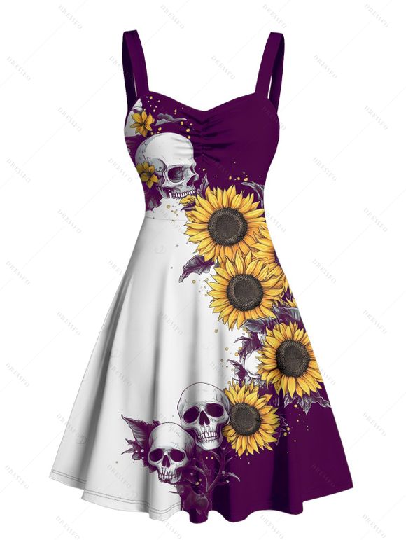 Contrast Color Sunflower Skulls Pattern Ruched Bust Belt Gothic Dress and Men's Button Up Roll Up Shirt Drawstrings Shorts Outfit - Concorde S | US 4