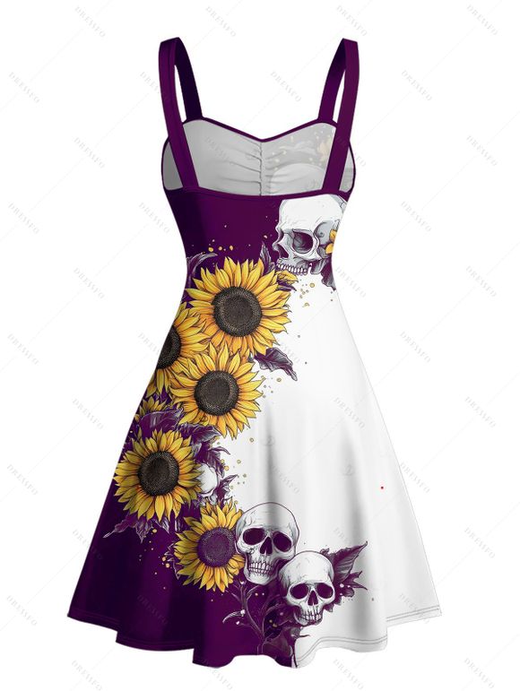 Contrast Color Sunflower Skulls Pattern Ruched Bust Belt Gothic Dress and Men's Button Up Roll Up Shirt Drawstrings Shorts Outfit - Concorde S | US 4