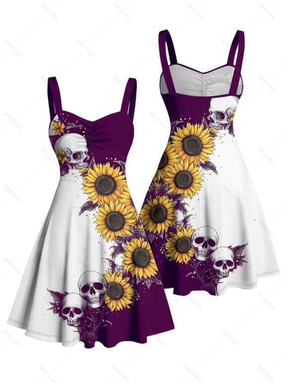 Contrast Color Sunflower Skulls Pattern Ruched Bust Belt Gothic Dress and Men's Button Up Roll Up Shirt Drawstrings Shorts Outfit - Concorde S | US 4