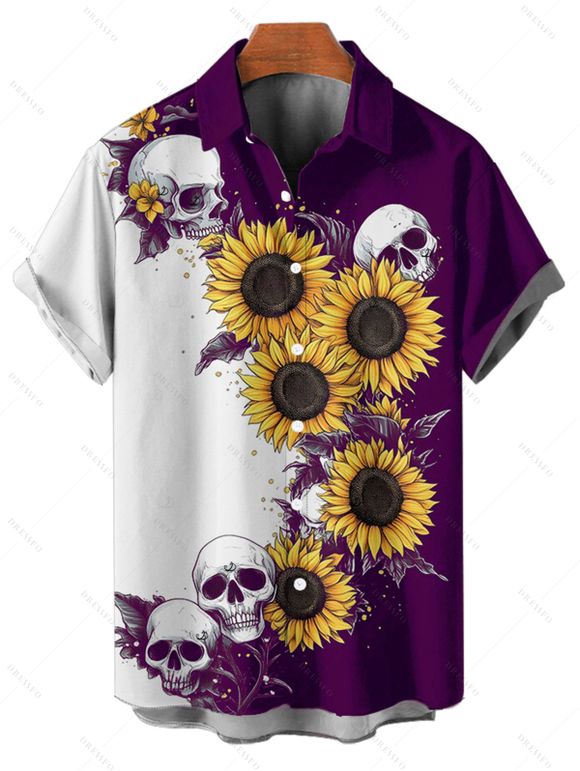 Contrast Color Sunflower Skulls Pattern Ruched Bust Belt Gothic Dress and Men's Button Up Roll Up Shirt Drawstrings Shorts Outfit - Concorde S | US 4