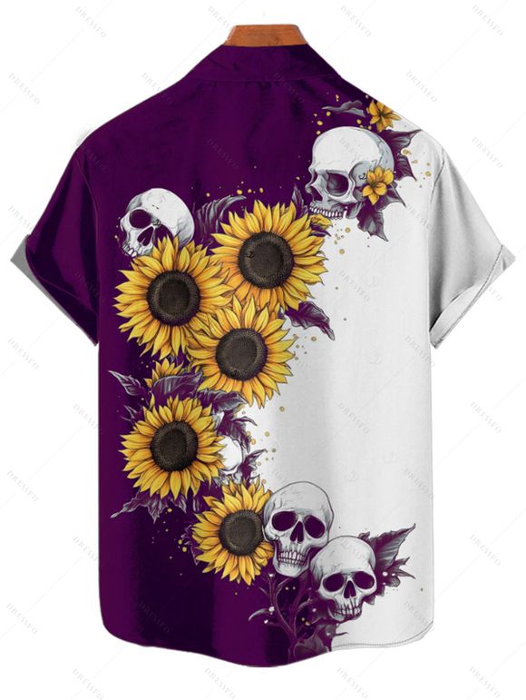 Contrast Color Sunflower Skulls Pattern Ruched Bust Belt Gothic Dress and Men's Button Up Roll Up Shirt Drawstrings Shorts Outfit - Concorde S | US 4