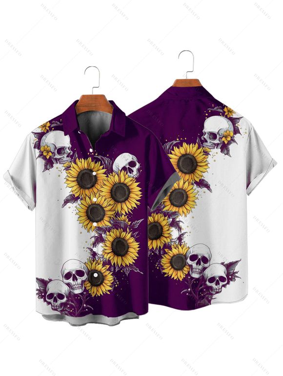 Contrast Color Sunflower Skulls Pattern Ruched Bust Belt Gothic Dress and Men's Button Up Roll Up Shirt Drawstrings Shorts Outfit - Concorde S | US 4