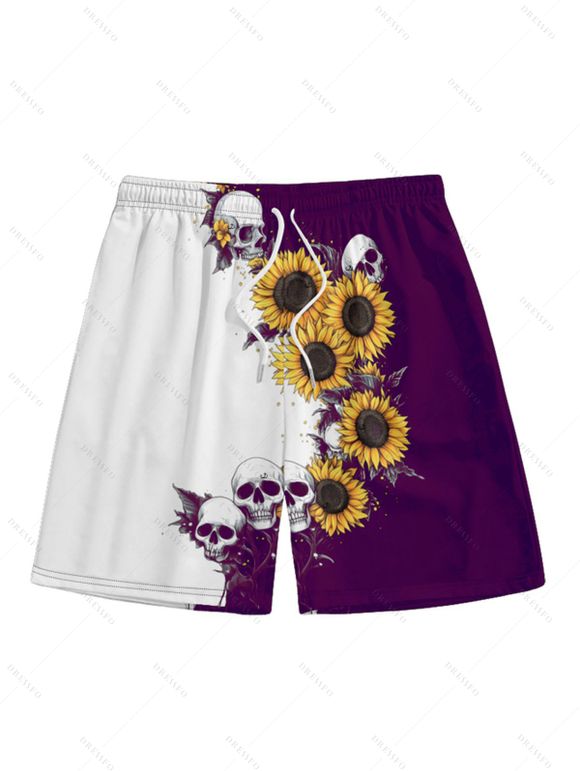Contrast Color Sunflower Skulls Pattern Ruched Bust Belt Gothic Dress and Men's Button Up Roll Up Shirt Drawstrings Shorts Outfit - Concorde S | US 4