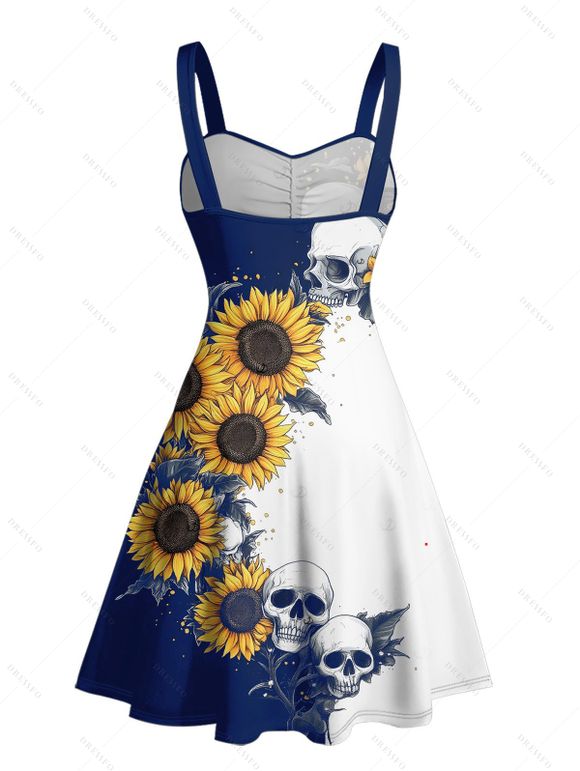 Contrast Color Sunflower Skulls Pattern Ruched Bust Belt Gothic Dress and Men's Button Up Roll Up Shirt Drawstrings Shorts Outfit - Bleu profond S | US 4