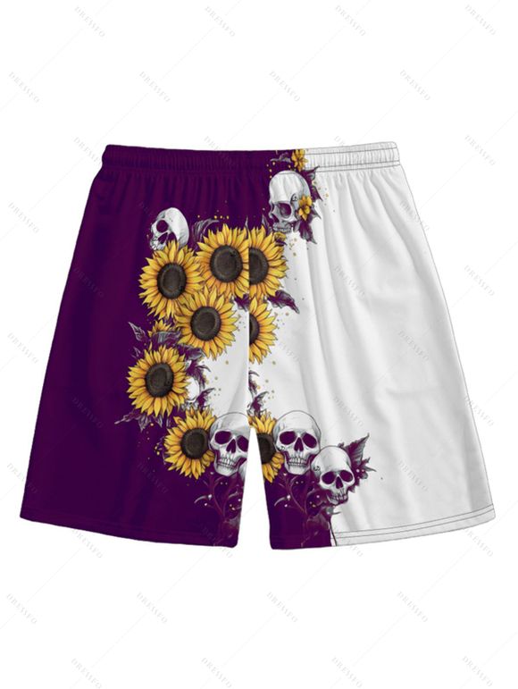 Contrast Color Sunflower Skulls Pattern Ruched Bust Belt Gothic Dress and Men's Button Up Roll Up Shirt Drawstrings Shorts Outfit - Concorde S | US 4