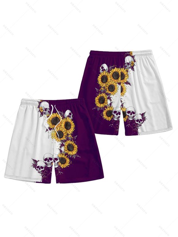 Contrast Color Sunflower Skulls Pattern Ruched Bust Belt Gothic Dress and Men's Button Up Roll Up Shirt Drawstrings Shorts Outfit - Concorde S | US 4