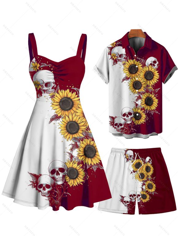 Contrast Color Sunflower Skulls Pattern Ruched Bust Belt Gothic Dress and Men's Button Up Roll Up Shirt Drawstrings Shorts Outfit - DEEP RED S | US 4