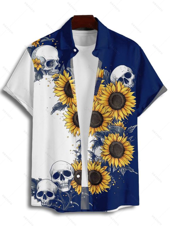 Contrast Color Sunflower Skulls Pattern Ruched Bust Belt Gothic Dress and Men's Button Up Roll Up Shirt Drawstrings Shorts Outfit - Bleu profond S | US 4