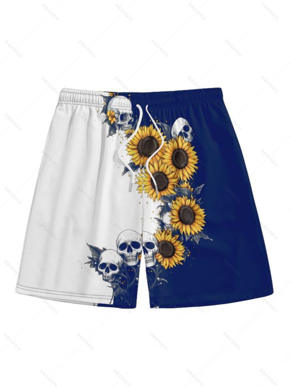 Contrast Color Sunflower Skulls Pattern Ruched Bust Belt Gothic Dress and Men's Button Up Roll Up Shirt Drawstrings Shorts Outfit - Bleu profond S | US 4