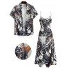 Vacation Couple Outfit Allover Animal Pattern Pocket Adjustable Spaghetti Strap A Line Long Tank Dress and Button Up Shirt Casual Matching Outfit - Noir S | US 4
