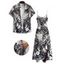 Vacation Couple Outfit Allover Animal Pattern Pocket Adjustable Spaghetti Strap A Line Long Tank Dress and Button Up Shirt Casual Matching Outfit - Noir S | US 4