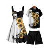 Contrast Color Sunflower Skulls Pattern Ruched Bust Belt Gothic Dress and Men's Button Up Roll Up Shirt Drawstrings Shorts Outfit - Noir S | US 4