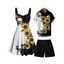 Contrast Color Sunflower Skulls Pattern Ruched Bust Belt Gothic Dress and Men's Button Up Roll Up Shirt Drawstrings Shorts Outfit - Noir S | US 4