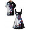 Gothic Couple Outfit Monochrome Flower Leaf Skulls Pattern Ruched Bust Belt Sweetheart Neck Dress and Button Up Shirt Holiday Matching Outfit - Noir S | US 4