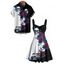 Gothic Couple Outfit Monochrome Flower Leaf Skulls Pattern Ruched Bust Belt Sweetheart Neck Dress and Button Up Shirt Holiday Matching Outfit - Noir S | US 4