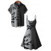 Vacation Couple Outfit Colorblock Leaf Pattern Spaghetti Strap V Neck A Line Mini Tank Dress and Button Up Shirt Casual Matching Outfit - Noir S | US 4