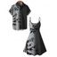 Vacation Couple Outfit Colorblock Leaf Pattern Spaghetti Strap V Neck A Line Mini Tank Dress and Button Up Shirt Casual Matching Outfit - Noir S | US 4