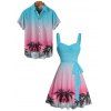 Vacation Couple Outfit Coconut Tree Pattern Ombre Ruched Bust Belt Sweetheart Neck A Line Mini Dress and Button Up Shirt Beach Matching Outfit - multicolor S | US 4