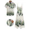 Vacation Couple Outfit Leaf Pattern Pocket Adjustable Spaghetti Strap A Line Long Tank Dress and Button Up Shirt Casual Matching Outfit - Vert S | US 4