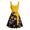 Vacation Couple Outfit Colored Flower Pattern Colorblock Ruched Bust Belt Sweetheart Neck A Line Mini Dress and Button Up Shirt Casual Matching Outfit - Jaune S | US 4