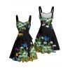Vacation Couple Outfit Butterfly Mushroom Grass Pattern Ruched Bust Belt Sweetheart Neck A Line Mini Dress and Button Up Shirt Beach Matching Outfit - Noir S | US 4
