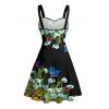 Vacation Couple Outfit Butterfly Mushroom Grass Pattern Ruched Bust Belt Sweetheart Neck A Line Mini Dress and Button Up Shirt Beach Matching Outfit - Noir S | US 4