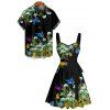Vacation Couple Outfit Butterfly Mushroom Grass Pattern Ruched Bust Belt Sweetheart Neck A Line Mini Dress and Button Up Shirt Beach Matching Outfit - Noir S | US 4
