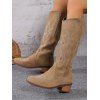 Leaf Pattern Zipper Up Pointed Toe Chunky Heels Trendy Mid Calf Boots - LIGHT COFFEE EU 36