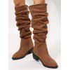 Solid Color Ruched Slip On Pointed Toe Chunky Heels Trendy Mid Calf Boots - COFFEE EU 38