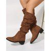 Solid Color Ruched Slip On Pointed Toe Chunky Heels Trendy Mid Calf Boots - COFFEE EU 38
