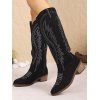 Embroidered Lined Pattern Zipper Up Pointed Toe Chunky Heels Vintage Mid Calf Boots - Noir EU 41
