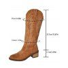 Embroidered Lined Pattern Zipper Up Pointed Toe Chunky Heels Vintage Mid Calf Boots - café EU 42