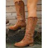Embroidered Lined Pattern Zipper Up Pointed Toe Chunky Heels Vintage Mid Calf Boots - café EU 42