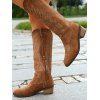 Embroidered Lined Pattern Zipper Up Pointed Toe Chunky Heels Vintage Mid Calf Boots - café EU 42