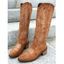 Embroidered Lined Pattern Zipper Up Pointed Toe Chunky Heels Vintage Mid Calf Boots - café EU 42