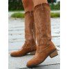 Embroidered Lined Pattern Zipper Up Pointed Toe Chunky Heels Vintage Mid Calf Boots - café EU 42