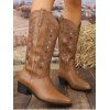 Embroidered Star Printed Pointed Toe Chunky Heels Slip On Vintage Mid-Calf Boots - café EU 42