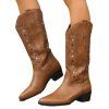 Embroidered Star Printed Pointed Toe Chunky Heels Slip On Vintage Mid-Calf Boots - café EU 42