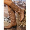 Embroidered Star Printed Pointed Toe Chunky Heels Slip On Vintage Mid-Calf Boots - café EU 42