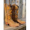 Embroidered Sunflower Leaf Pattern Zipper Up Pointed Toe Chunky Heels Outdoor Mid Calf Boots - café lumière EU 36
