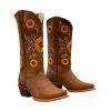 Embroidered Sunflower Leaf Pattern Zipper Up Pointed Toe Chunky Heels Outdoor Mid Calf Boots - café EU 43