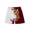 Short de plage à cordon de serrage pour homme, motif tête de mort contrastée et tournesol - Rouge foncé L