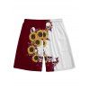 Short de plage à cordon de serrage pour homme, motif tête de mort contrastée et tournesol - Rouge foncé L