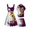 Contrast Color Sunflower Skulls Pattern Ruched Bust Belt Gothic Dress and Men's Button Up Roll Up Shirt Drawstrings Shorts Outfit - CONCORD S | US 4