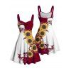 Contrast Color Sunflower Skulls Pattern Ruched Bust Belt Gothic Dress and Men's Button Up Roll Up Shirt Drawstrings Shorts Outfit - DEEP RED S | US 4